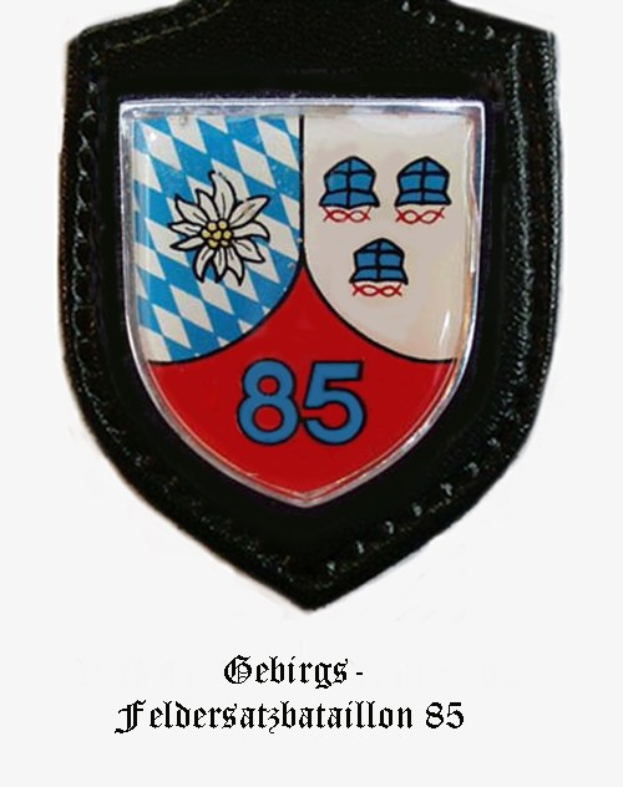 Ein Abzeichen mit der Nummer 85, das die bayerische Fußballmannschaft repräsentiert, mit deutschem Text unten.