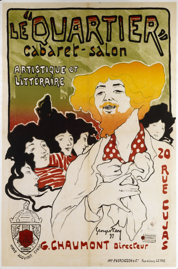 Ein buntes Vintage-Plakat für das Quartier Cabaret Salon in Paris, das eine Gruppe von Menschen mit gro├čer Schrift und einem dekorativen Rahmen in ged├Ąmpften Blaut├äen, Grünen und Gelbt├äen zeigt.