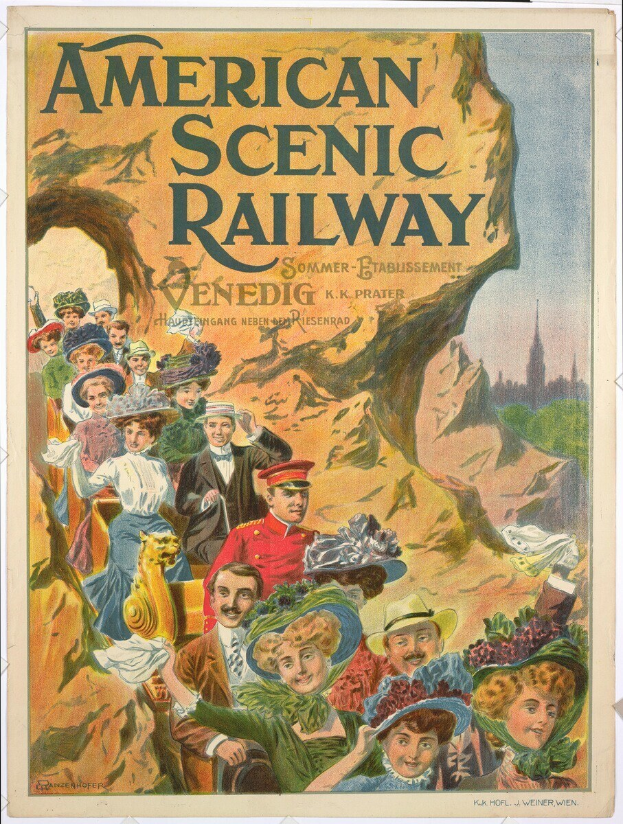 Plakat für die Amerikanische Scenic Railway in Venedig, Deutschland, das Menschen vor Hügeln und einem blauen Himmel zeigt, mit Text und Hüten.