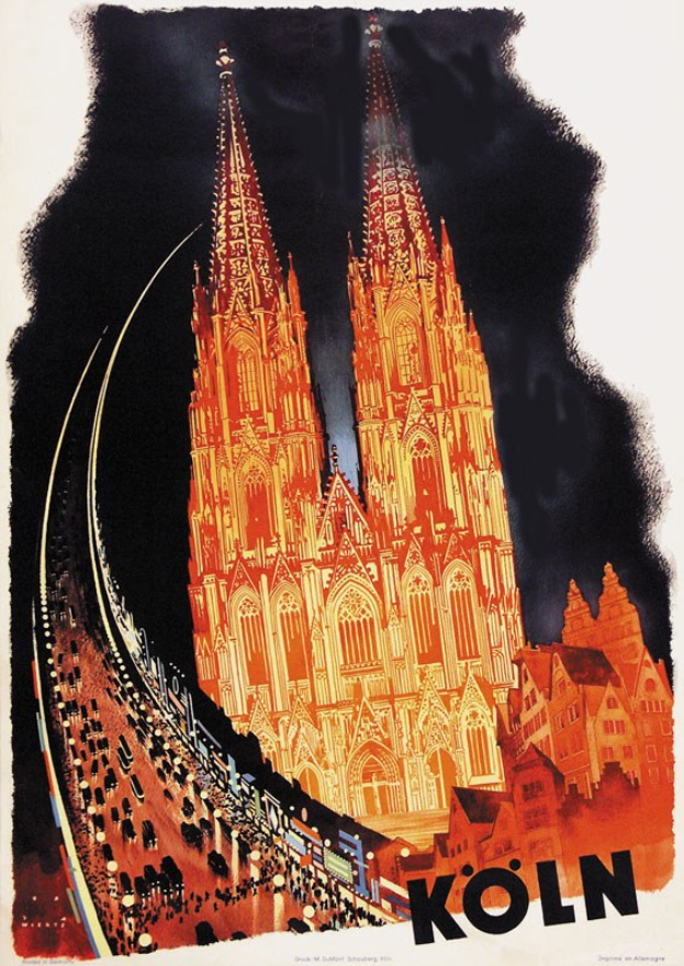 Illustrierter Plakat von Kölner Dom mit seinen Zwillingstürmen, bewirbt Kölner Bahnhof und Dienstleistungen.