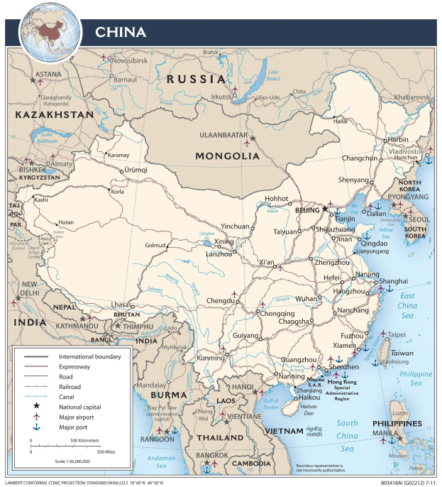 Politische Karte von China mit Nachbarländern, Grenzen, wichtigen Städten, Flüssen, geografischen Merkmalen und informativem Text.