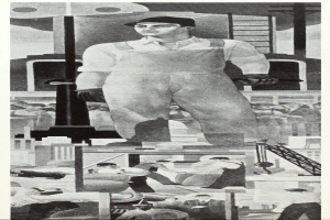 Schwarz-weiß-Kollage eines Mannes in Arbeitskleidung und Hut vor einem Gebäude, umgeben von Arbeitern, einer Leiter und anderen Gegenständen, mit dem Text "Arbeiter in New York City" unten.