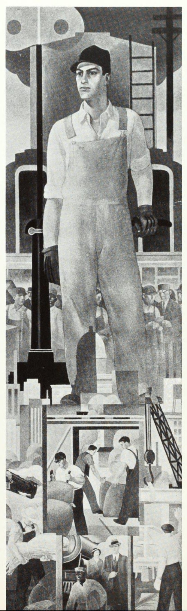 Schwarz-weiß-Kollage eines Mannes in Arbeitskleidung und Hut vor einem Gebäude, umgeben von Arbeitern, einer Leiter und anderen Gegenständen, mit dem Text "Arbeiter in New York City" unten.