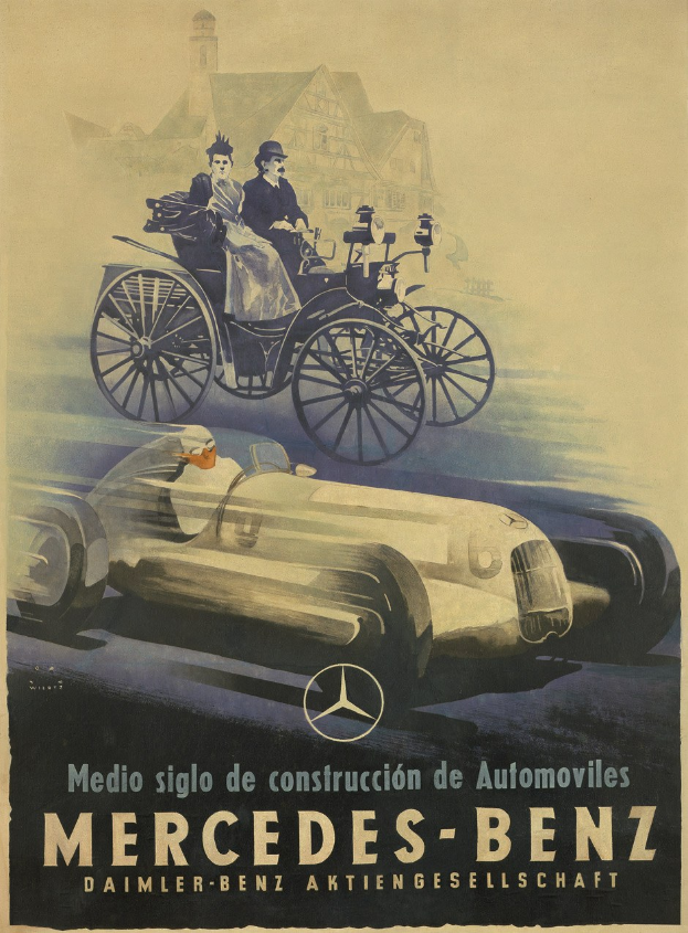Vintage-Werbung für Mercedes-Benz aus den 1930er Jahren, die ein Plakat mit einem Auto, zwei Personen im Innern und einem Geb├Ąude im Hintergrund zeigt, begleitet von beschreibendem Text.