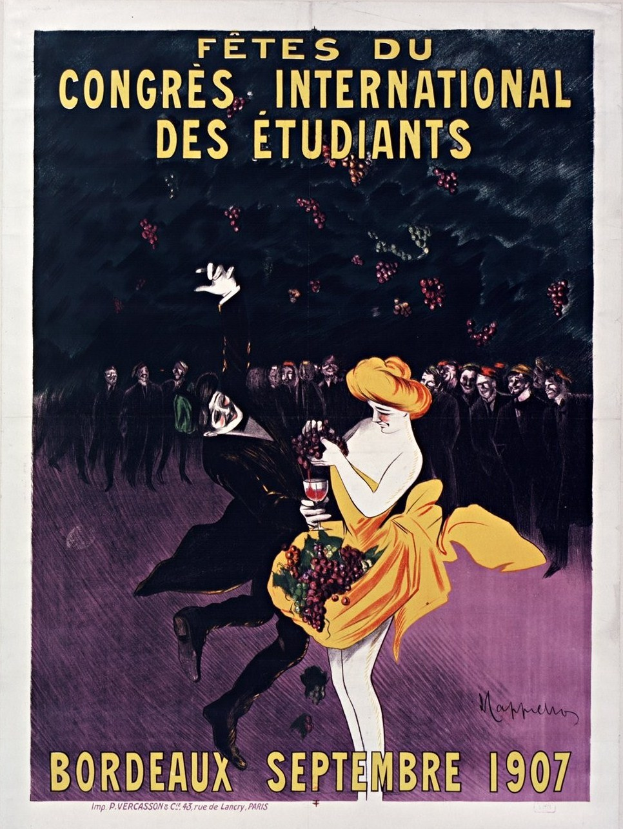 Plakat aus dem Jahr 1907, das ein Weinprobe-Event in Bordeaux, Frankreich ankündigt, mit einer Frau in gelbem Kleid, die ein Weinglas hält, umgeben von einer Menge, mit Veranstaltungstext.