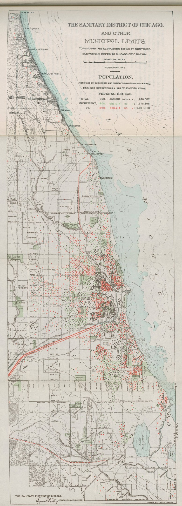 Schwarz-weiß-Karte des Sanitätsbezirks von Chicago, die die kommunalen Grenzen und Textdetails zeigt.
