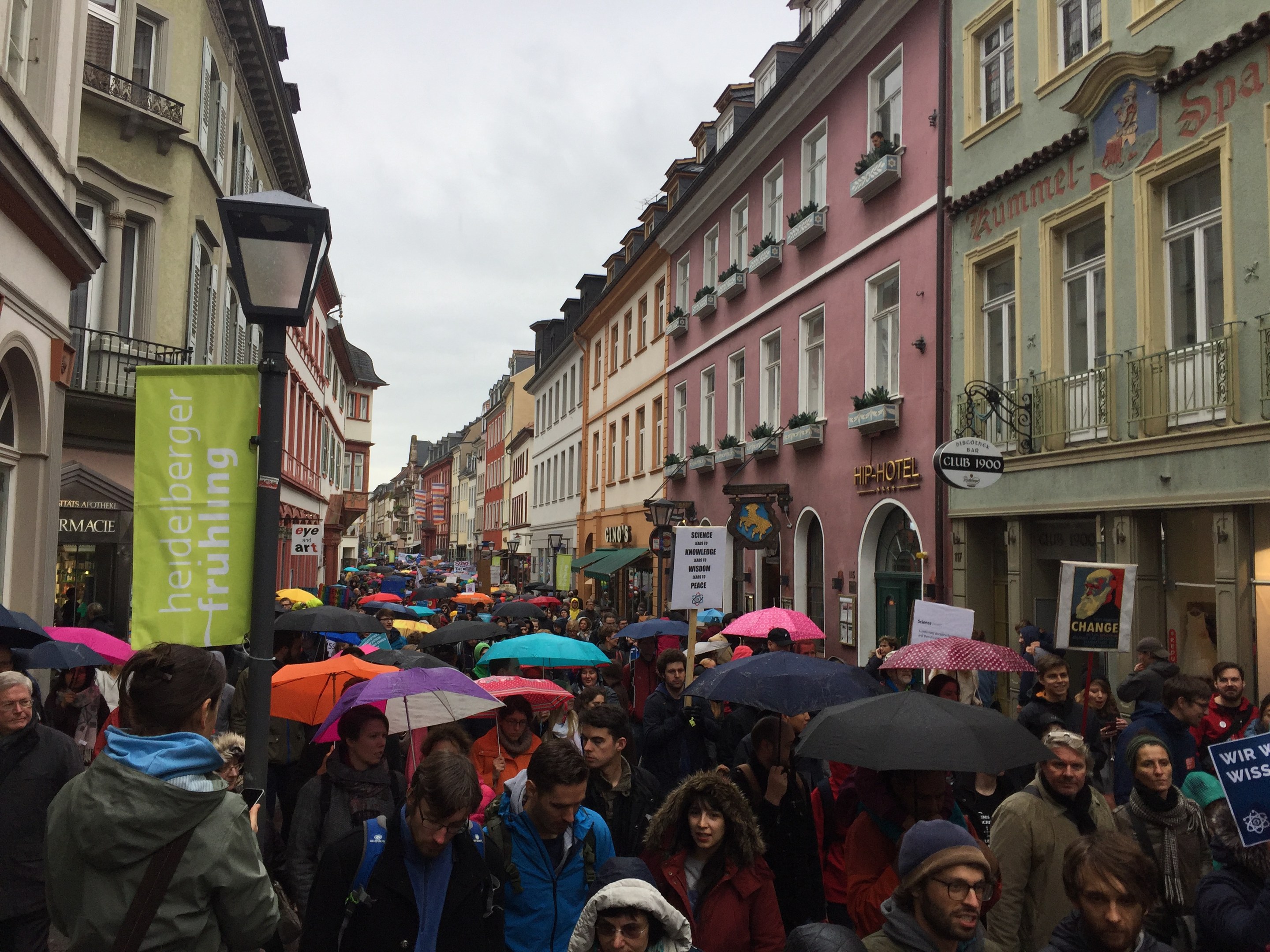 Große Gruppe von Menschen, die mit Schirmen auf der Straße gehen, während sie an einer Klimaprotestaktion in Deutschland teilnehmen.