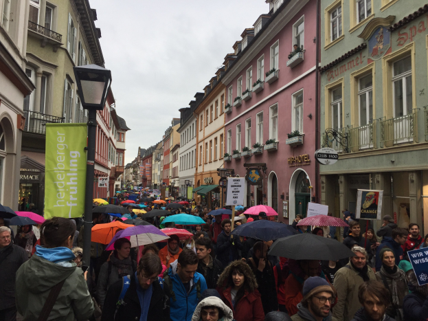 Große Gruppe von Menschen, die mit Schirmen auf der Straße gehen, während sie an einer Klimaprotestaktion in Deutschland teilnehmen.