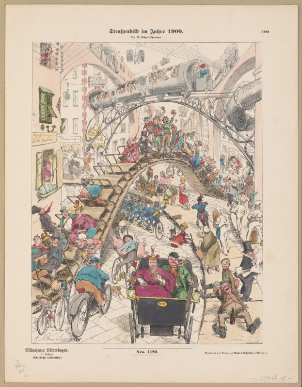 Eine Schwarz-Weiß-Illustration einer überfüllten Bahnhofshalle im Jahr 1900, umrahmt von einem Photo-Rahmen, mit Menschen in Not, die nach oben und unten schauen.