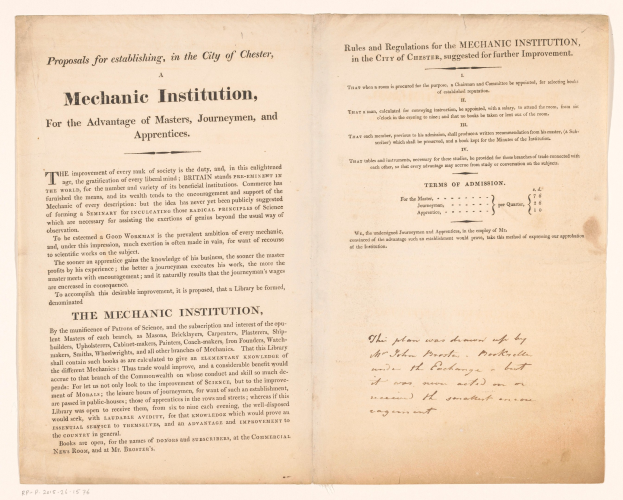 Open book titled 'Mechanic Institution, for the Advantage of Masters, Journeymen, and Apprenticeships,' likely a proposal for establishing a mechanical institution.