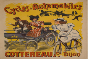 Plakatwerbung für Fahrräder und Automobile in Cottereau und Dijon, Frankreich, mit Menschen auf Fahrrädern und einer Kutsche mit der Aufschrift "Fahrräder und Automobile" oben.