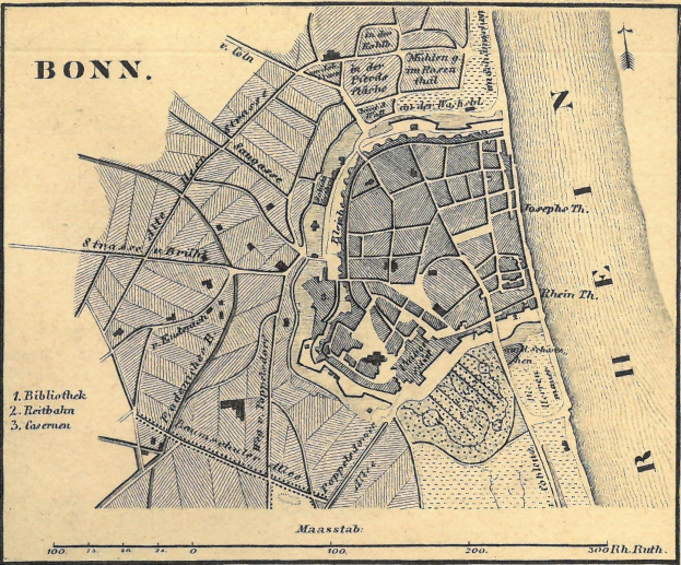 Alte detaillierte Karte von Bonn, Deutschland, zeigt Stra├čen, Geb├Ąude und Sehenswürdigkeiten mit Textanmerkungen.