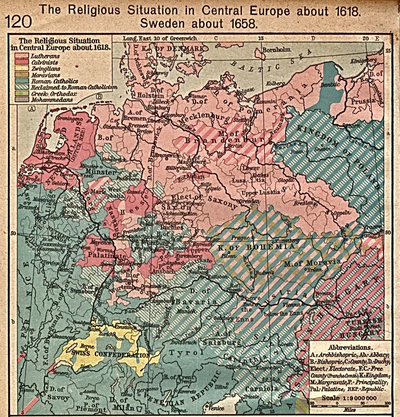 Eine historische Landkarte von Mitteleuropa aus dem Jahr 1618, annotiert mit Text, der die religiöse Landschaft der Region beschreibt.