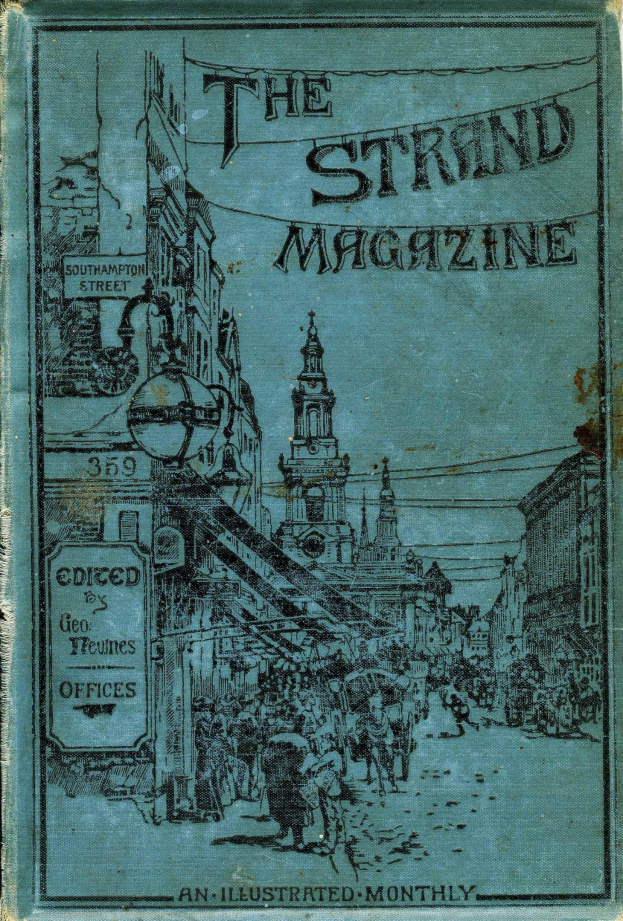Titelbild von 'The Strand Magazine' von George Hewins mit einer illustrierten Stadtstraße mit hohen Gebäuden, Passanten und einem blauen Himmel.