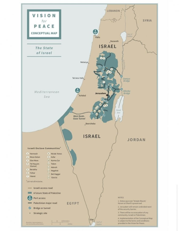 Plakat mit der Aufschrift "Vision für Frieden Konzeptkarte" mit einer farbcodierten Karte von Israel und fetter schwarzer Schrift oben.