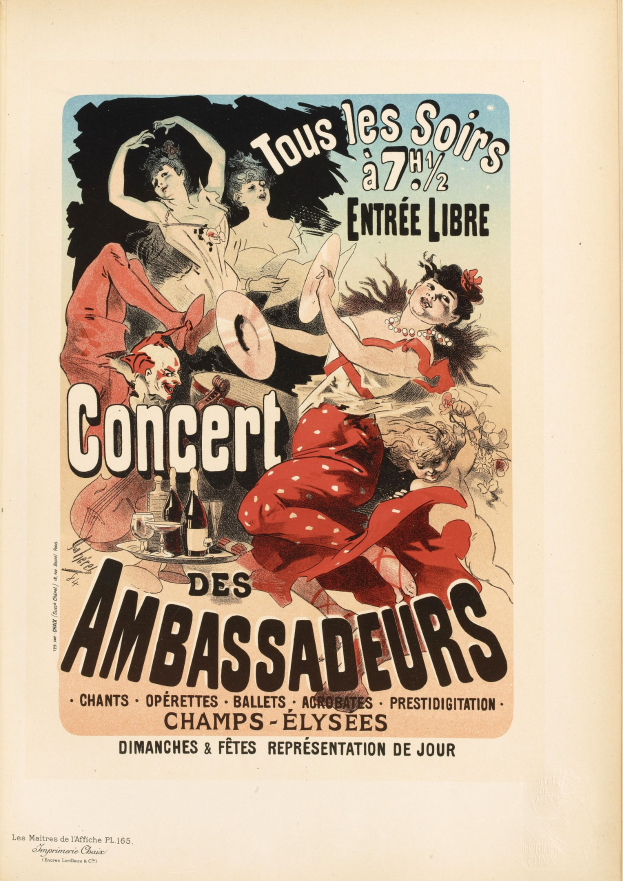 Plakat für ein Konzert von "The Ambassadors" mit einer Frau in der Mitte umgeben von anderen, mit Veranstaltungseinzelheiten im Text.