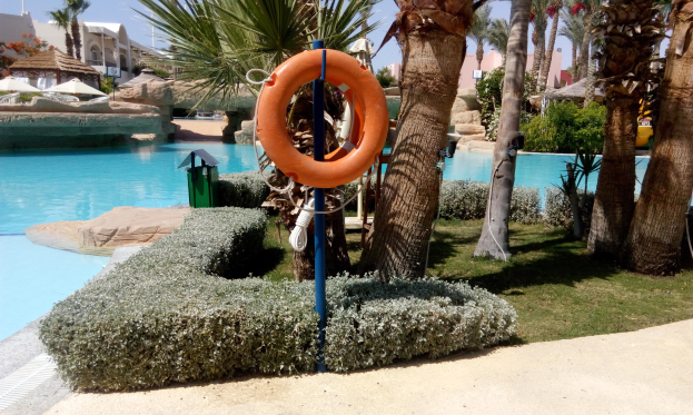 Ein Schwimmbad mit einem aufblasbaren Rettungsring in der Mitte, umgeben von grünem Gras, Pflanzen und Bäumen, mit Gebäuden, Sonnenschirmen und einem klaren blauen Himmel im Hintergrund.