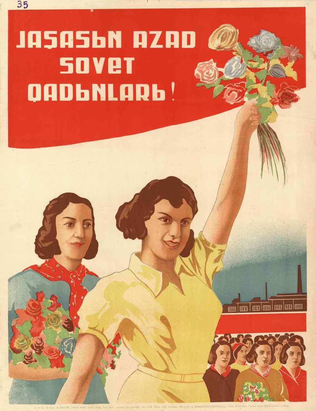 Sowjetisches Propagandaplakat zum Frauentag, das eine Frau mit Blumen zeigt, umgeben von Menschen und einem Geb├Ąude, mit der Aufschrift "Frauentag".