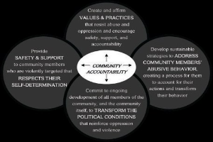 Ein Diagramm mit einem zentralen Kreis, auf dem "Gemeinschaftsverantwortung" steht, der durch Pfeile mit drei überlappenden Kreisen verbunden ist, alle in fetter, leuchtender Farbe.