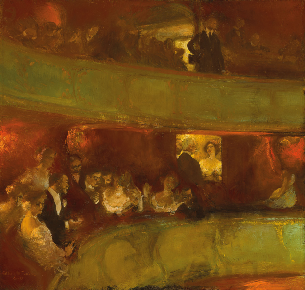 Ein Gemälde einer vielseitigen Gruppe von Menschen in einem hell erleuchteten Theater, einige stehen, einige sitzen, alle in eleganter Kleidung, die eine lebendige und einladende Atmosphäre schaffen.