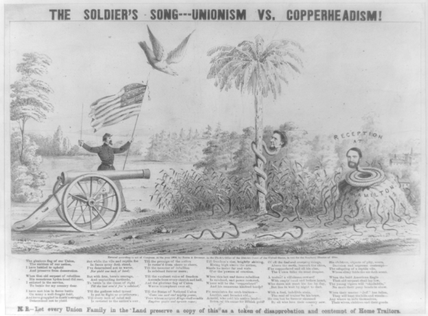 Plakat, das eine Person auf einer Kanone stehend mit einer Fahne zeigt, umgeben von Bäumen, Pflanzen und einer Schlange, mit der Aufschrift 'The Soldier's Song - Unionism vs Copperheadism.'