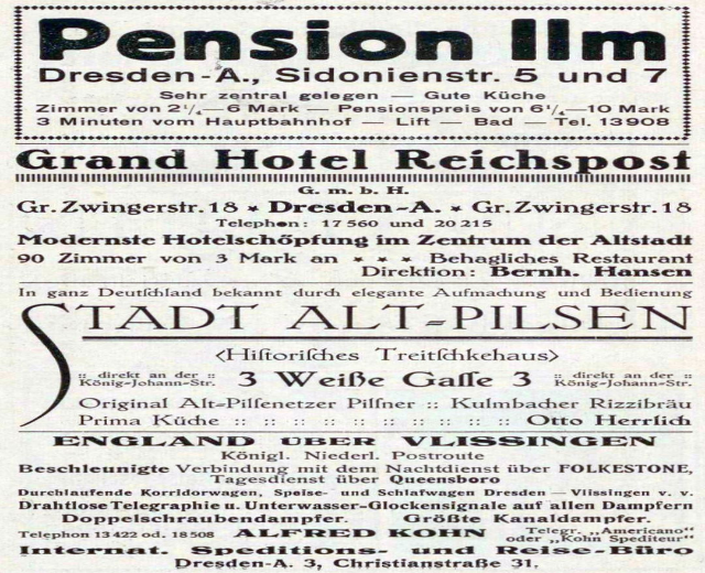 Schwarze und weiße Zeitungsanzeige für die Pension Inn in Dresden, Deutschland, mit Text auf weißem Hintergrund.
