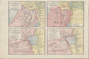 Ein altes Buch mit einer detaillierten Karte des Nahen Ostens und Israels, das geografische Merkmale wie Berge, Flüsse und Städte hervorhebt, sowie begleitenden Text über die Region.