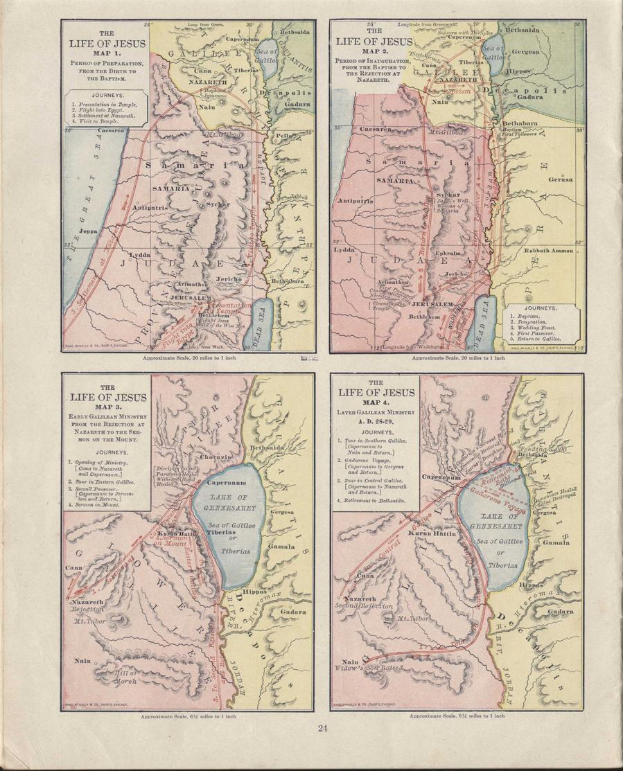 Ein altes Buch mit einer detaillierten Karte des Nahen Ostens und Israels, das geografische Merkmale wie Berge, Flüsse und Städte hervorhebt, sowie begleitenden Text über die Region.