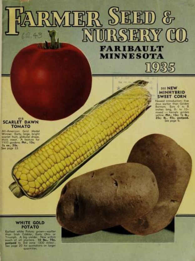 Plakat von Farmer Seed & Nursery Co. in Faribault, Minnesota, 1935, zeigt Gemüse wie Kartoffeln, Mais und einen Apfel neben Produktbeschreibungen.