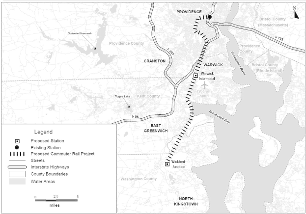 Schwarze und weiße Karte einer Stadt mit einem Fluss, beschriftet mit "Vorgeschlagenes S-Bahn-Projekt", zeigt Straßen, Autobahnen und Stadtmerkmale.