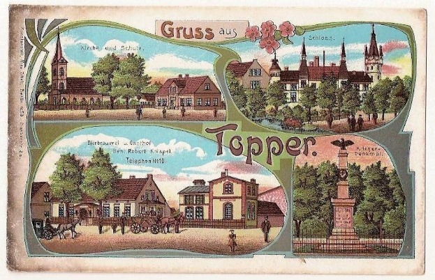 Alte Ansichtskarte zeigt eine deutsche Stadt mit Gebäuden, Bäumen, Menschen, Wagen, einer Statue, einem Zaun und einem bewölkten Himmel mit handgeschriebener Text auf der Vorderseite.