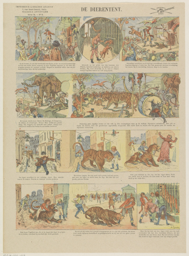 Eine Buchseite mit einer Zeichnung einer Gruppe von Menschen und Tieren, darunter ein Tiger, begleitet von beschreibendem Text.