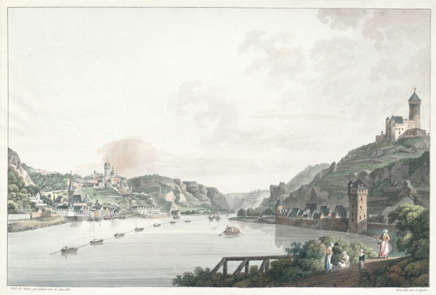 Gemälde des Rheins in Nordrhein-Westfalen, Deutschland, mit Booten, einer Brücke, Menschen, Bäumen, Gebäuden, Hügeln und einem Himmel im Hintergrund.