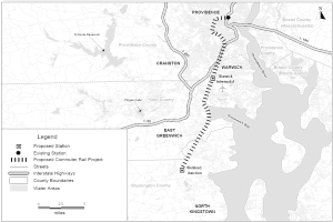 Eine Schwarz-Weiß-Karte einer Stadt mit einem Fluss, die Details des geplanten S-Bahn-Projekts, Straßen, Autobahnen und andere Merkmale zeigt, mit Text auf der linken Seite.