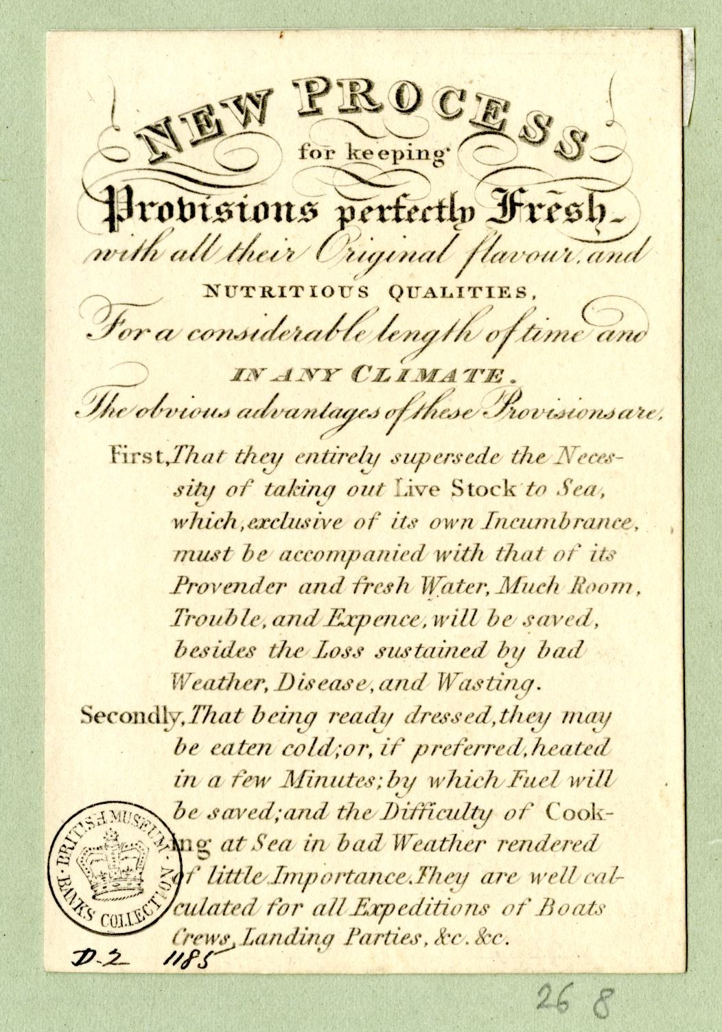 Papier mit gedrucktem Text "Neues Verfahren zur perfekten Frischhaltung von Probiotika" und einem Stempel auf der linken Seite.