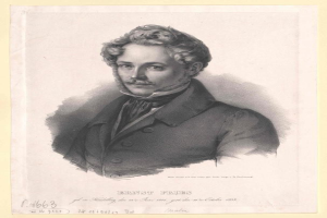 Schwarz-weiß-Porträt von Ernst Frühls, einem deutschen Komponist und Pianisten, der einen Anzug trägt und einen Schnurrbart hat und ernst dreinschaut, mit deutschem Text unten.