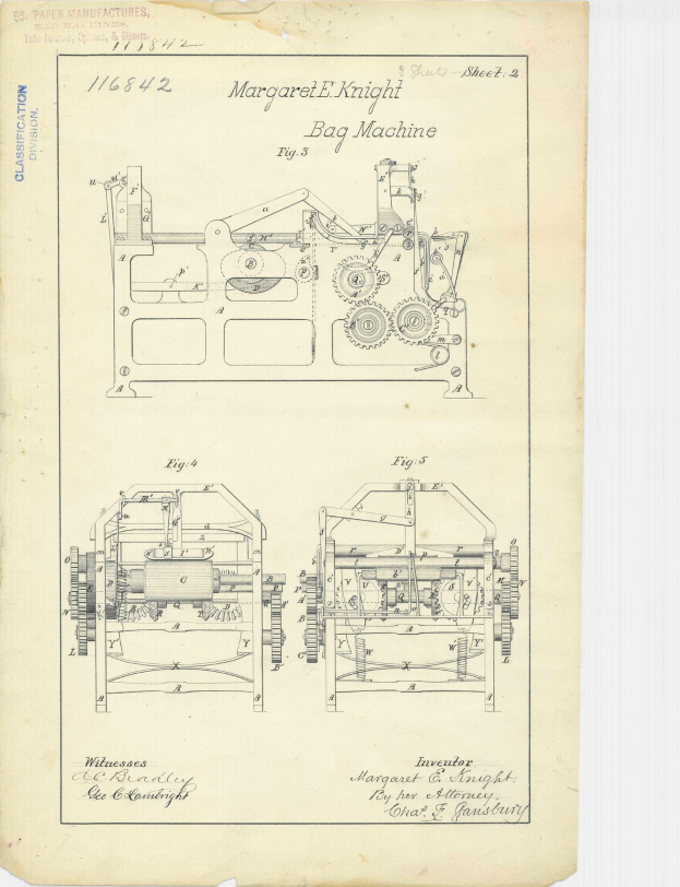 Detailierte Linienzeichnung einer Bag-Maschine auf Papier, die Komponenten wie einen Griff und Räder zeigt, mit begleitendem Text.