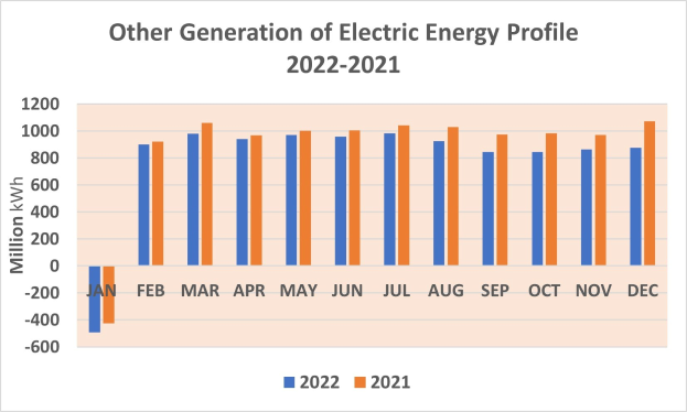 Liniengraph, der die jährliche Erzeugung von elektrischer Energie von 2021 bis 2022 zeigt, mit begleitendem erklärendem Text.