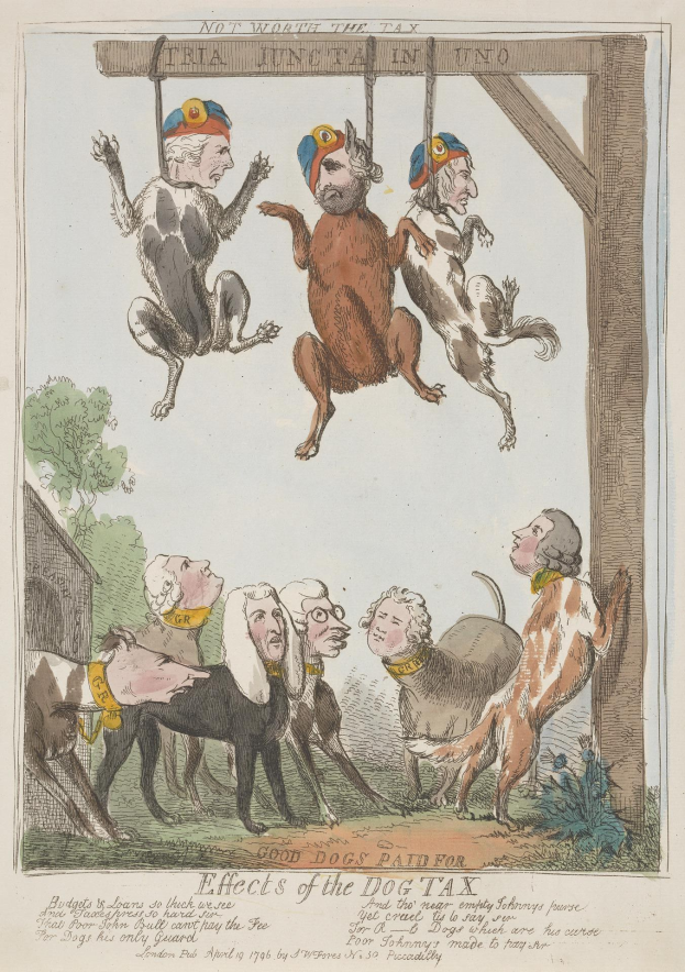 Eine Papierzuschrift, die Menschen und Tiere, einschließlich eines Hundes, zeigt, der an einem hölzernen Pfahl hängt, mit begleitendem Text, der wahrscheinlich mit der Hundesteuer zu tun hat.