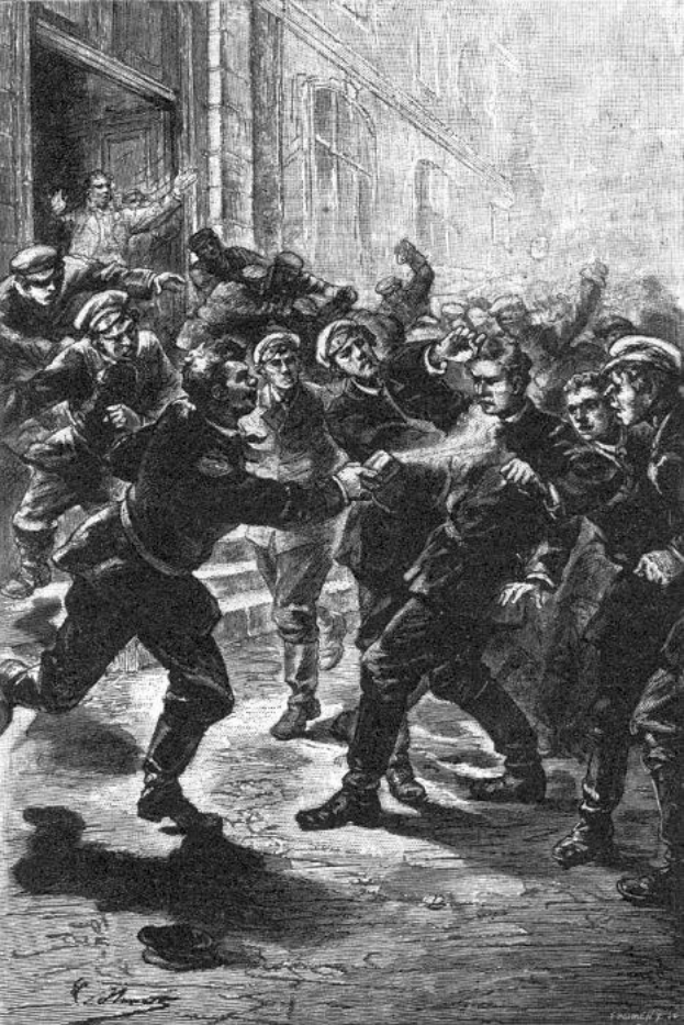 Schwarze und weiße Illustration einer gewaltsamen Straßenunruhen zwischen Gruppen von Männern im viktorianischen London, mit einem Gebäude im Hintergrund und Text unten, der "Victorian riots in London, England" lautet.