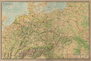 Ein altes Deutschland-Karte mit Straßen, Autobahnen und geographischen Merkmalen mit Text oben und unten.