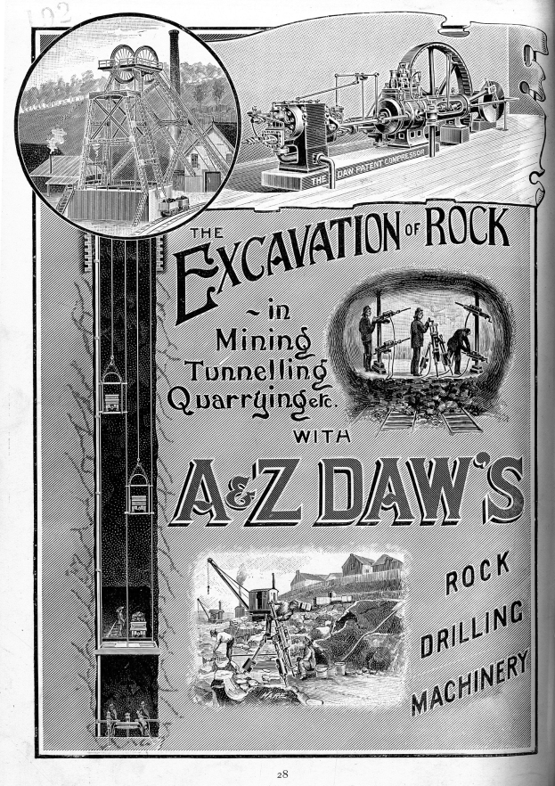 Schwarz-weißes Buchcover mit der Aufschrift "Der Abbau von Felsbergbau" und einer Illustration einer alten Bohrmaschine.