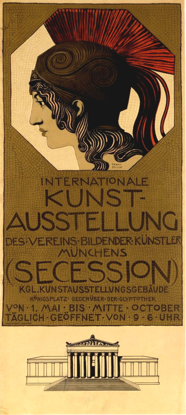 Plakat für die Internationale Kunstausstellung in München, Deutschland, mit einer zentralen menschenähnlichen Figur und Text über das Ereignis.