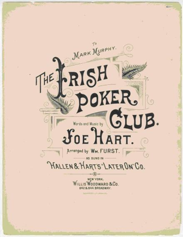 Plakat mit der Aufschrift "The Irish Poker Club" in fetter schwarzer Schrift auf einem weißen Hintergrund, umrandet von einem schmalen schwarzen Rahmen, mit einer bunten Kleeblatt-Illustration.