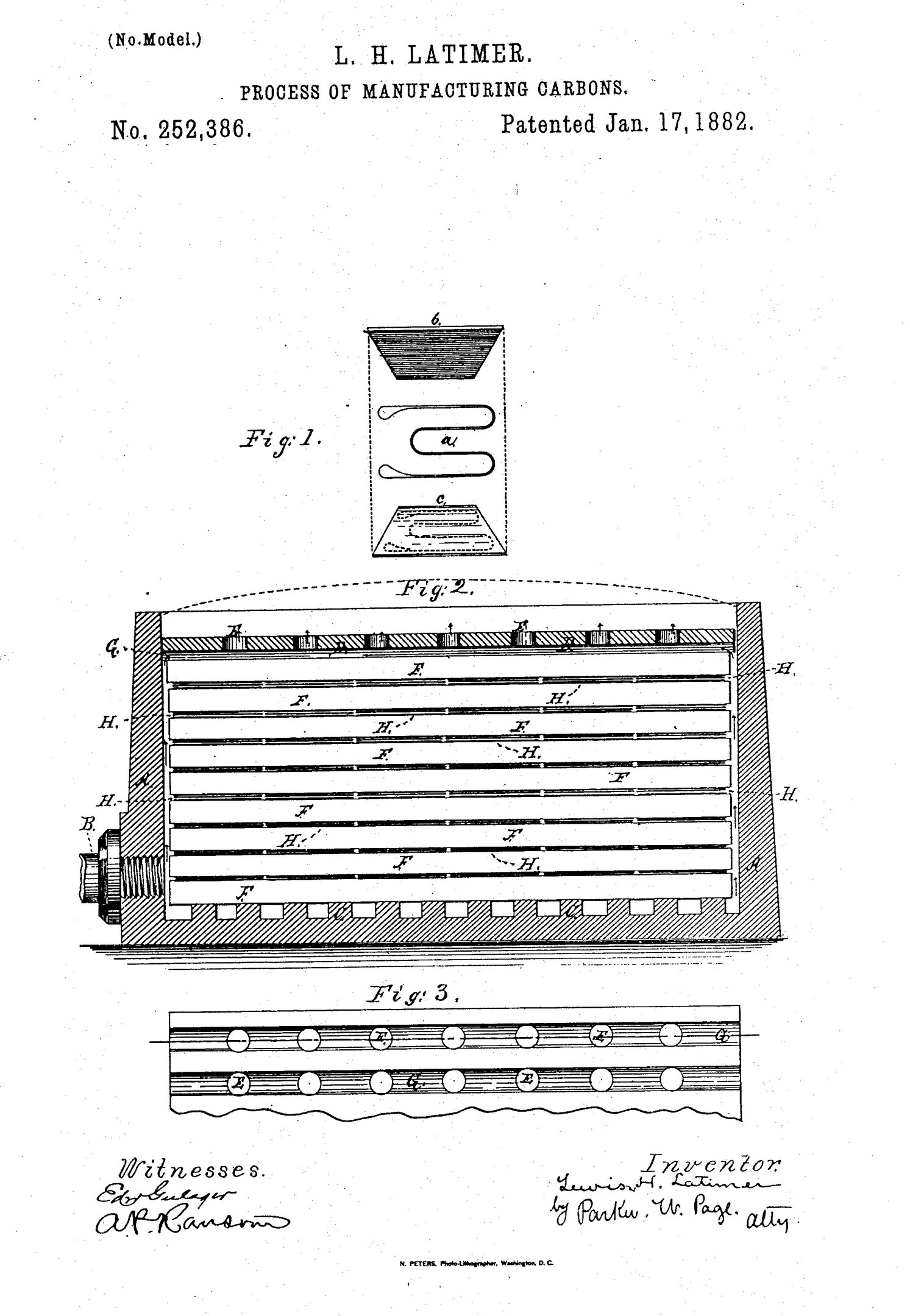 Patentzeichnung einer Maschine mit einer Vorrichtungsdiagramm, betitelt "Prozess der Herstellung von Kohlenstoffen" (Patent Nr. 252,386) auf einem weißen Hintergrund.