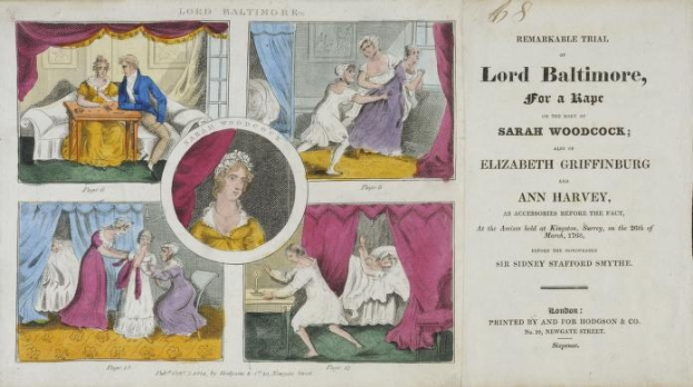 Eine historische Illustration, die eine Verhandlungsszene mit Porträts, Vorhängen und Text auf einem Papier zeigt.