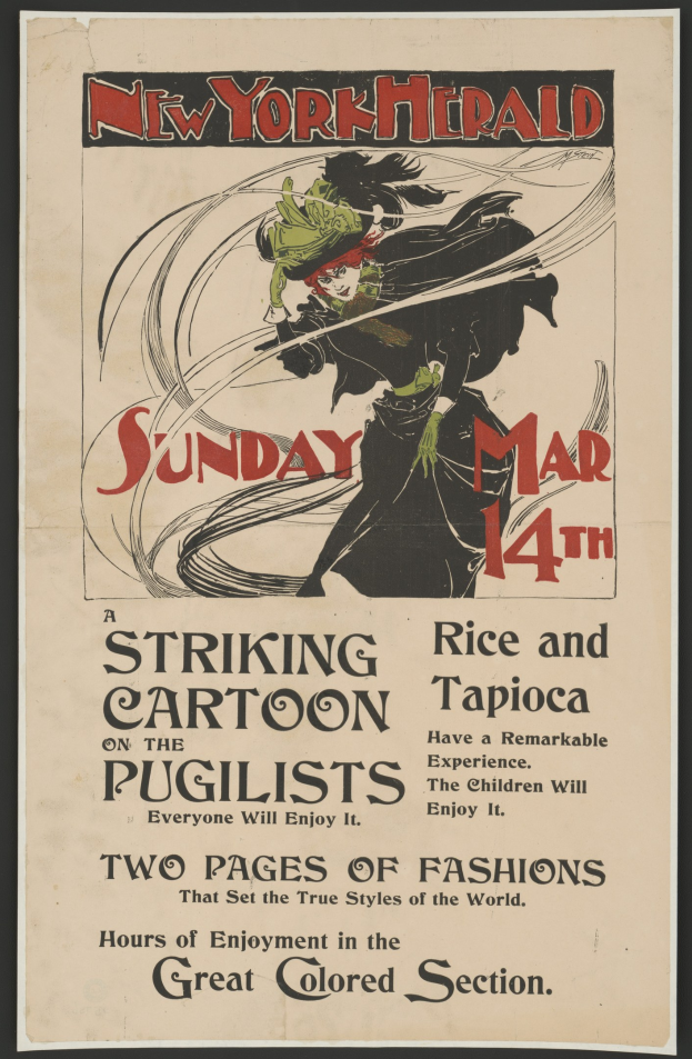 Plakat für die New York Herald am Sonntag, dem 14. März, mit einer Karikatur einer Frau mit menschlichem Gesicht und Textbeschreibung des Ereignisses.