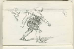 Eine Skizze einer Frau in einem langärmeligen Kleid mit hohem Kragen und einem Dutt, die bei Sonnenuntergang am Strand entlanggeht mit einem warmen orangen Glühen.