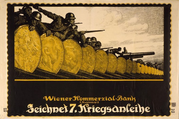 Ein deutsches Propagandaplakat aus dem Zweiten Weltkrieg, das eine Gruppe von Helmet tragenden, bewaffneten Personen mit dem Text 'Wiener Kommmerzial Bank' unten zeigt.