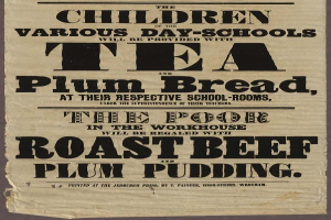 Ein Blatt mit der Aufschrift "Die Kinder der verschiedenen Tagesschulen erhalten Tee, Pflaumenbrot und Rinderbraten und Pflaumenpudding"